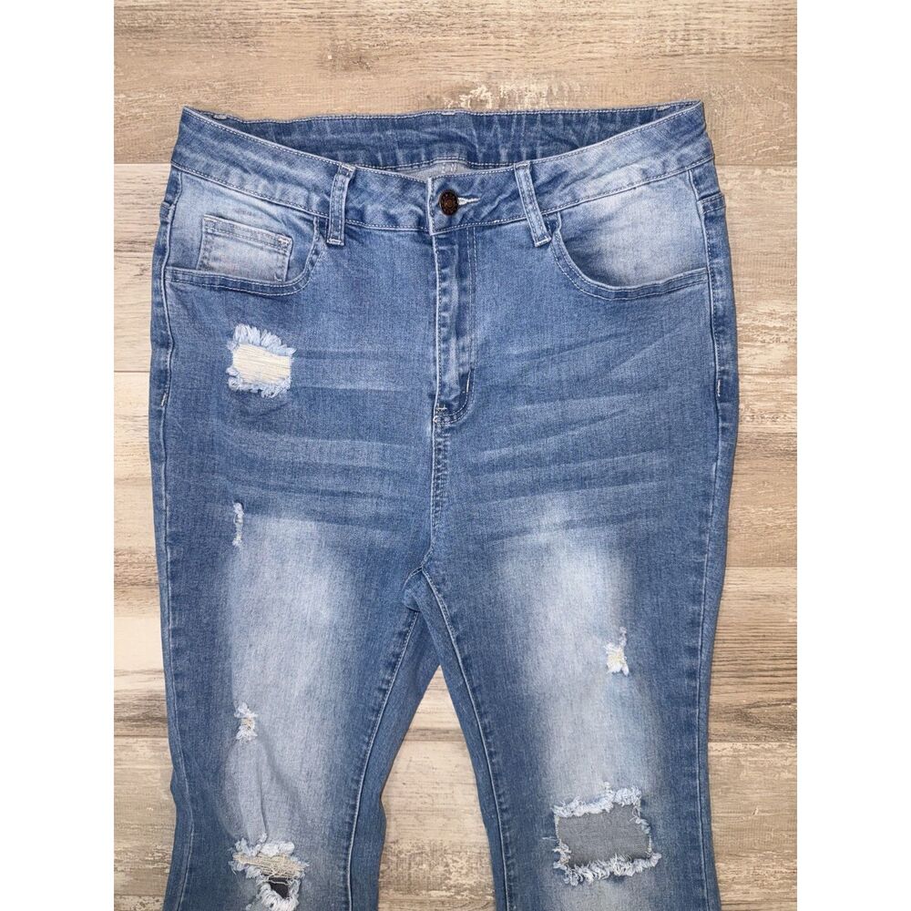 Women's Plus Size 0XL Distressed Flare Jeans Blue Stretch High Rise Denim - Picture 3 of 12